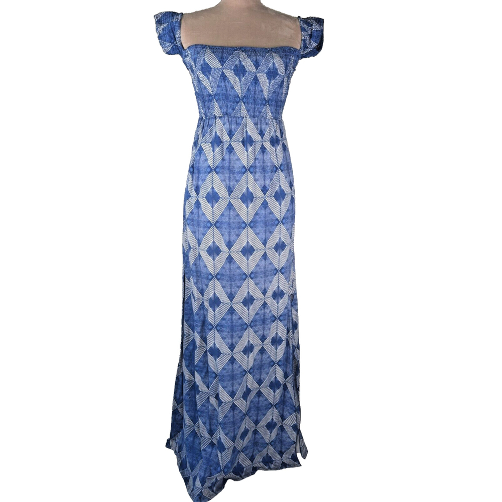 Anthropologie Aila Blue Smocked Ruffle Maxi Dress Navy Blue Ikat Geometric S